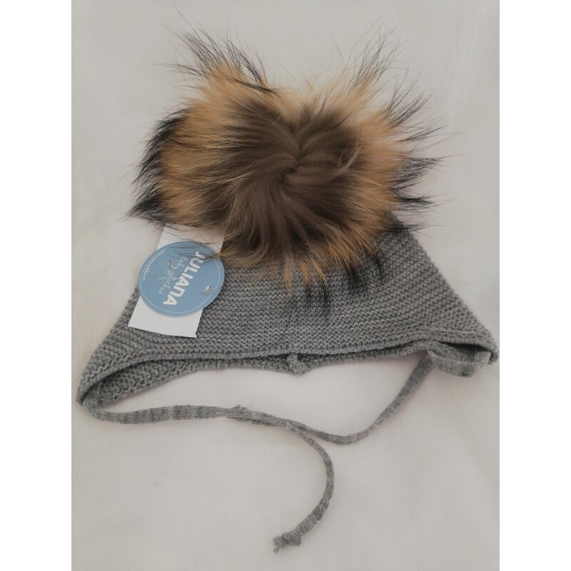J4215 GORRO SUELTO LIN POM POM PELO NATURAL MAQUILLAJE JULIANA. ROPA PARA BEBES - DE 0 5 AÑOS INVIERNO . Color GRIS . TALLAS 3 