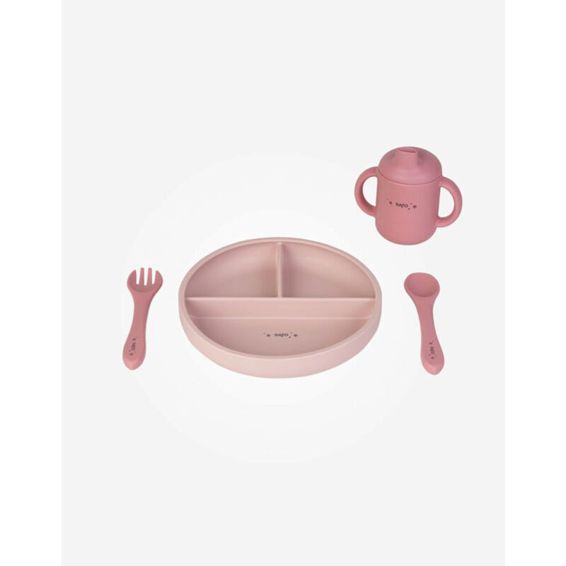 1760 Set de alimentación “Food & Fun» Saro. PUERICULTURA Y COMPLEMENTOS PARA BEBES - COMIDA VAJILLAS CUBIERTOS . Color Rosa. 