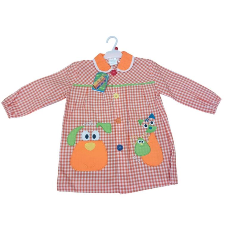 21 MANDILON NARANJA PERRO GARVEL. ROPA PARA BEBES ,PREMAMA Y COLEGIAL - COLEGIO ,MANDILONES, MOCHILAS CON BOTONES . TALLAS 2