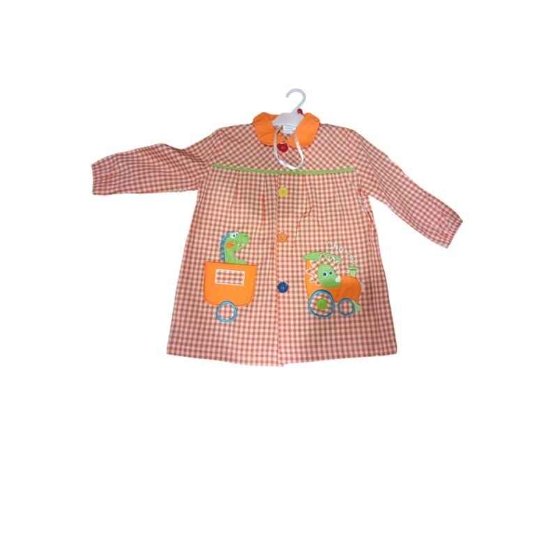 24 MANDILON NARANJA DINO  GARVEL. ROPA PARA BEBES ,PREMAMA Y COLEGIAL - COLEGIO ,MANDILONES, MOCHILAS CON BOTONES . TALLAS 2