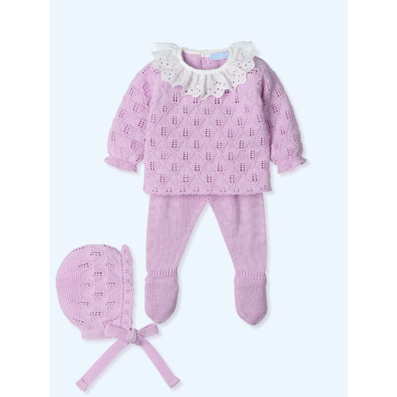 9612G Traje 3 Piezas con gorro TIRA BORDADA Canesú menguado RESPLENT MAC ILUSION. ROPA PARA BEBES ,PREMAMA Y COLEGIAL - DE 0 5