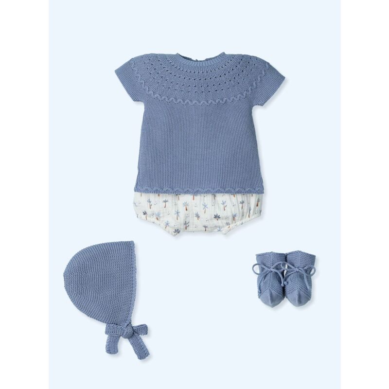 9635 Traje 4P Corto M/C, culotte estampado algodon, capota y patucos EXOTIC MAC ILUSION. ROPA PARA BEBES ,PREMAMA Y COLEGIAL -