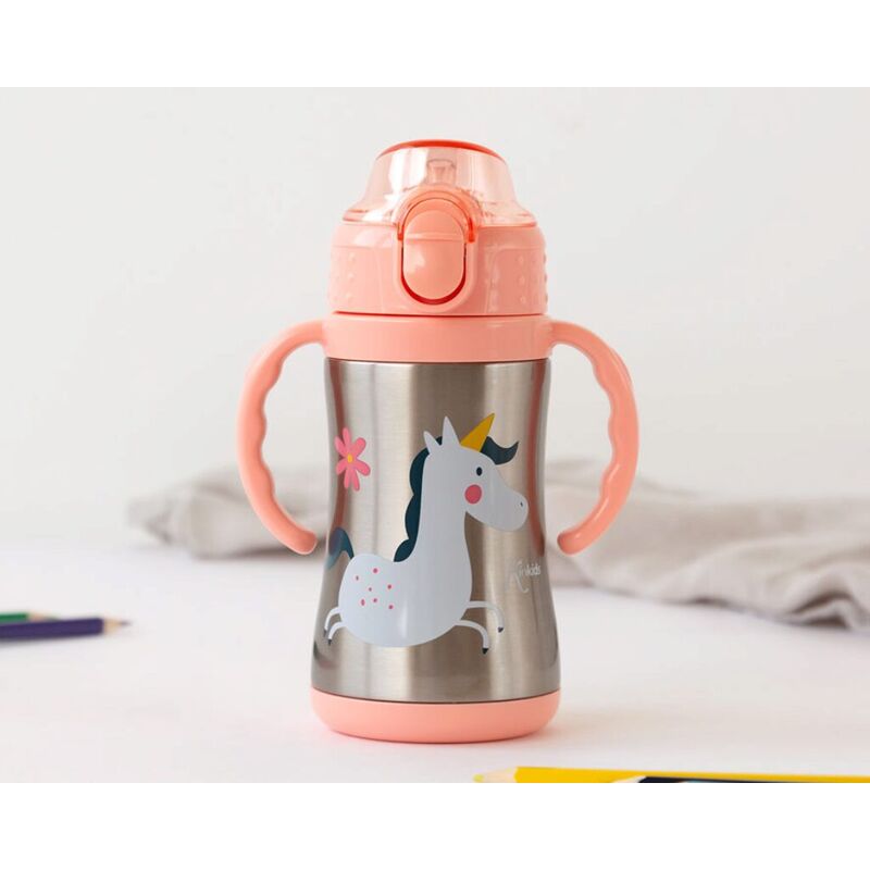 5052 KIOKIDS BOTELLA ENTRENAMIENTO UNICORNIO ROSA 280ML ACERO INOXIDABLE. ROPA PARA BEBES ,PREMAMA Y COLEGIAL - COLEGIO