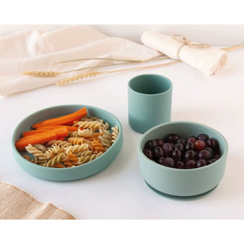 KIOKIDS SET VAJILLA 3 PIEZAS SILICONA KIOKIDS. PUERICULTURA Y COMPLEMENTOS PARA BEBES - COMIDA VAJILLAS CUBIERTOS . Color Verde.