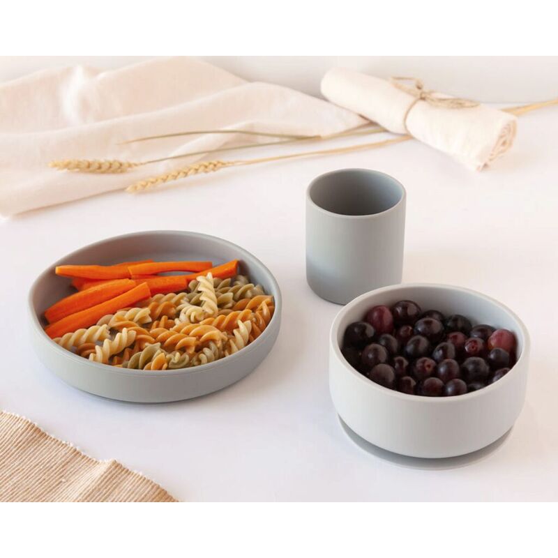 KIOKIDS SET VAJILLA 3 PIEZAS SILICONA KIOKIDS. PUERICULTURA Y COMPLEMENTOS PARA BEBES - COMIDA VAJILLAS CUBIERTOS . Color GRIS .