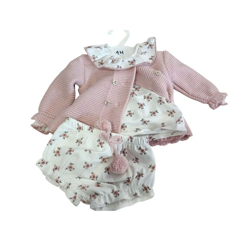 31787 CONJUNTO TRES PIEZAS BLANCO CON FLORES Y CHAQUETA ROSA. ROPA PARA BEBES ,PREMAMA Y COLEGIAL - DE 0 5 AÑOS INVIERNO NIÑA